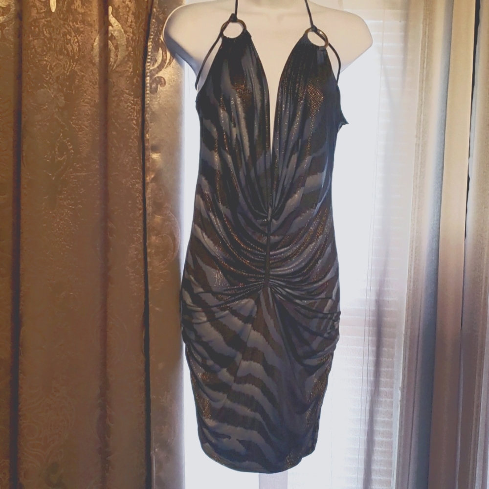 Black and blue animal print mini halter dress
